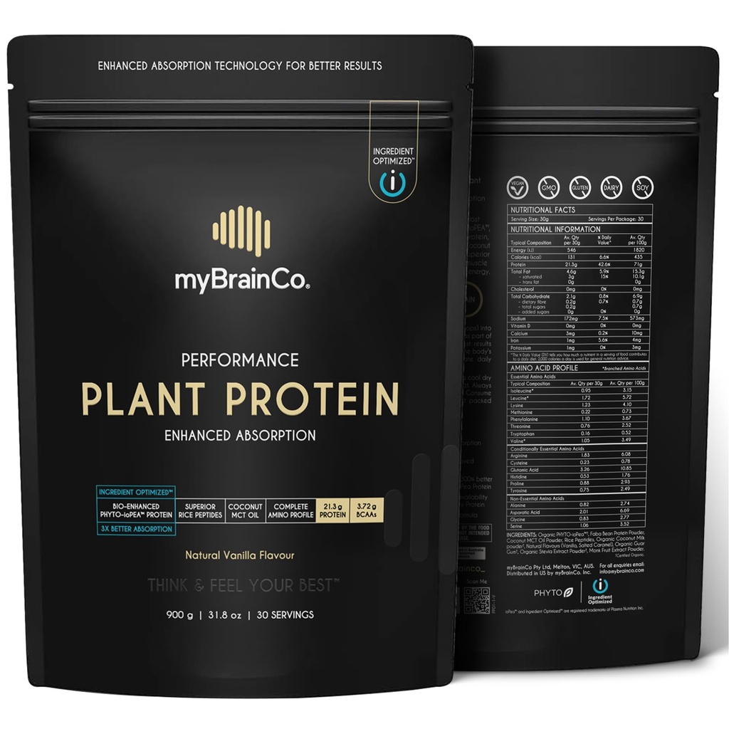 myBrainCo. Bio-Optimized Plant Protein Powder, 300% Better Absorption, Organic ioPea® + Rice Peptides + Pure MCT – Vegan, FODMAP Certified, No Bloating – Natural Vanilla, 15.9 oz (15 Servings)