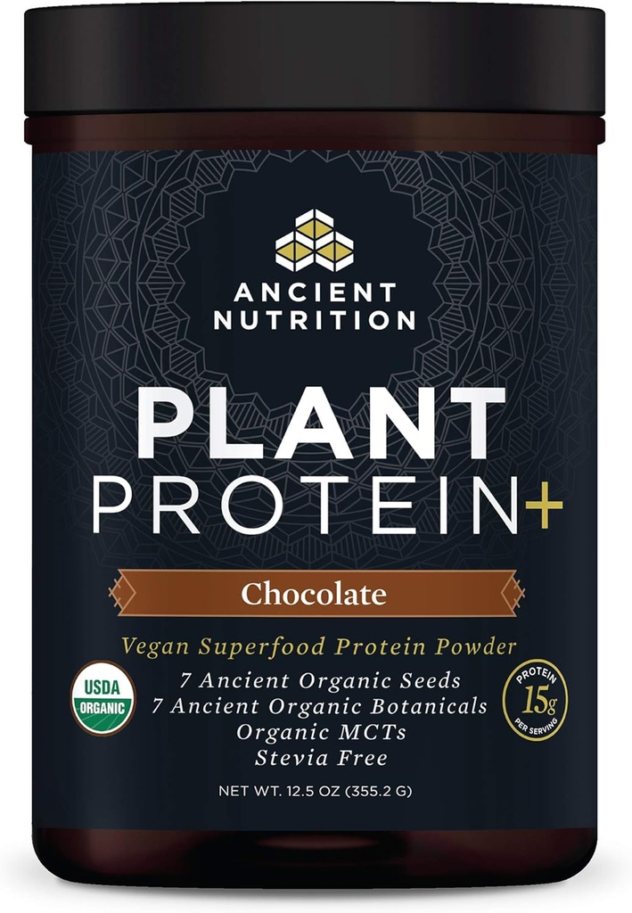 Ancient Nutrition Plant Based Protein Powder, Plant Protein +, Chocolate, Organic Vegan Superfoods Supplement, 15g Valk Serving, Gluteenivaba, Paleo Friendly 12 Serving