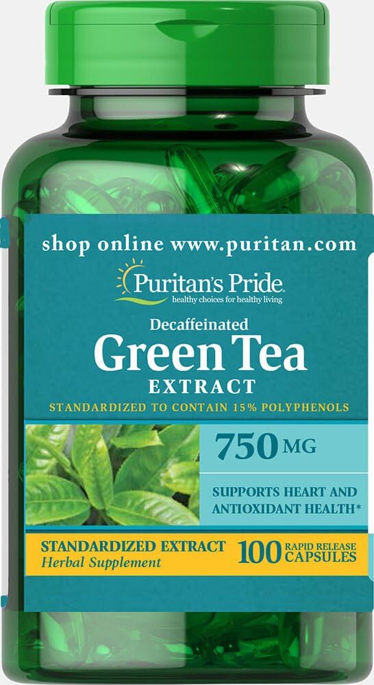 Puritan's Pride dekofeiinitud roheline tee standardiseeritud ekstrakt 750 mg- 100 kapslit