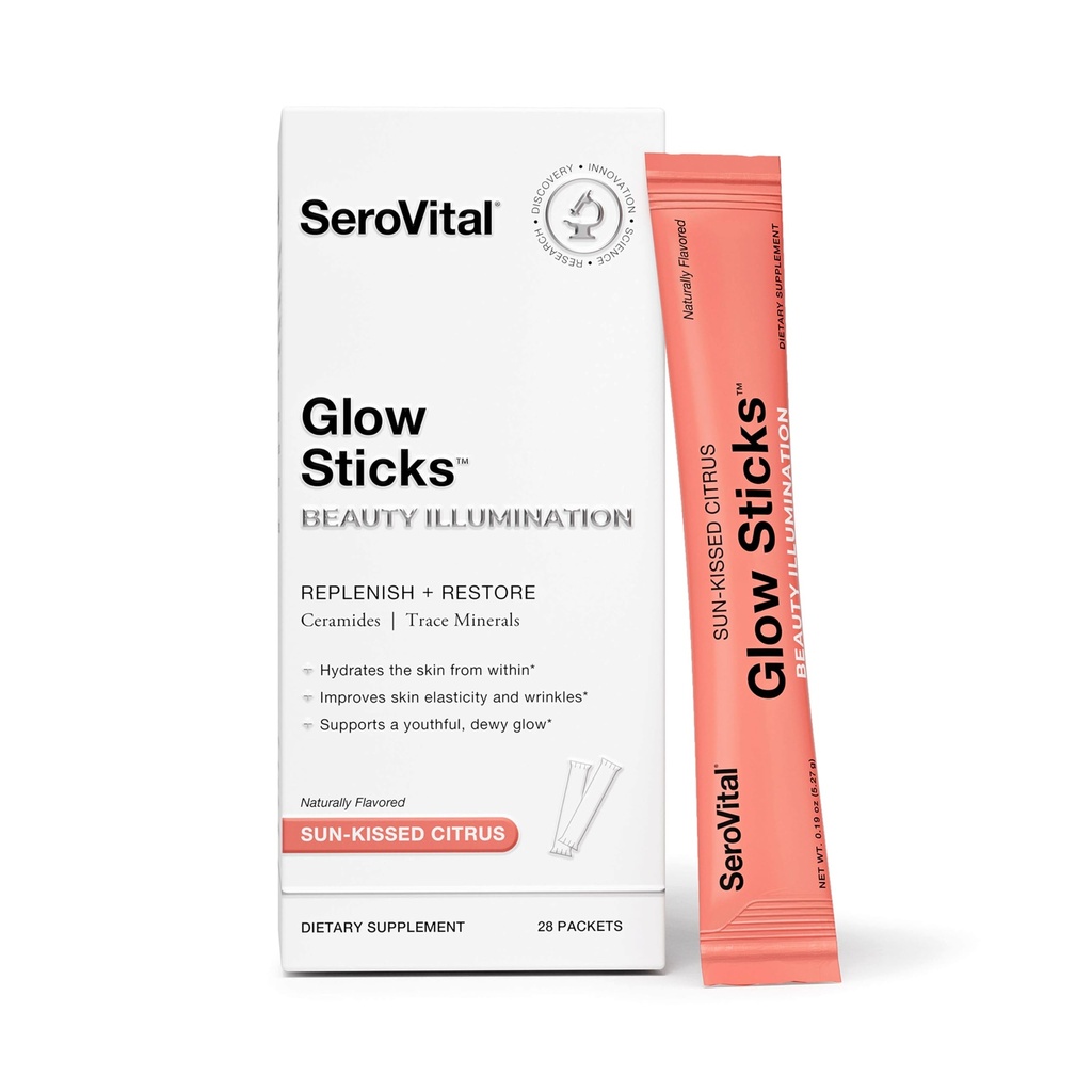Serovital Glow Sticks Sugar-Free Powder Drink Segu hüaluroonhappega Ceramides Elektrolüüdid naha hüdratsiooniks 14 päeva päikese-Kissed Citrus Flavor 28 Pakendid