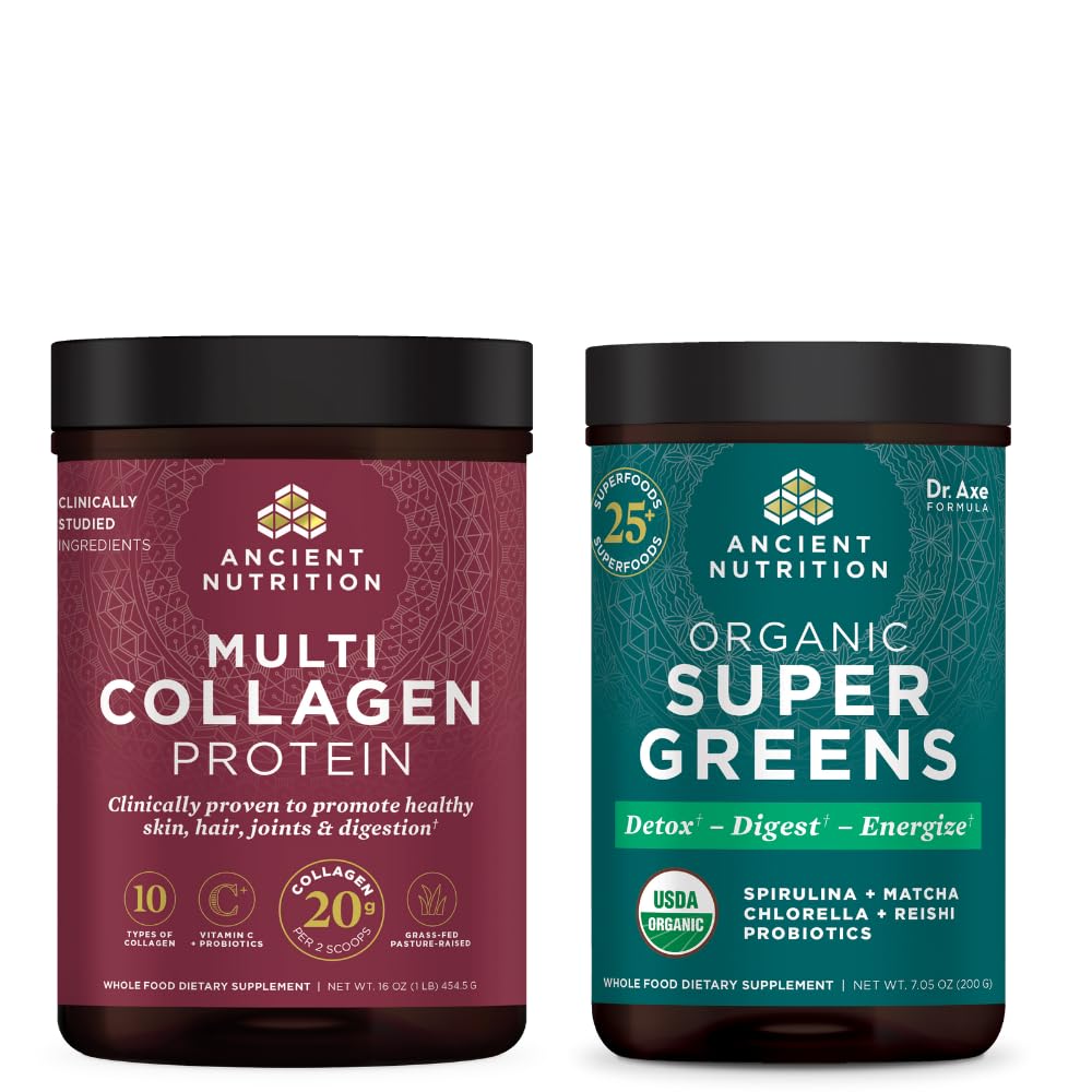 Ancient Nutrition Organic SuperGreens Pulber, 25 Servings + Multi kollageeni valgu pulber, maitsestamata, 45 Servings