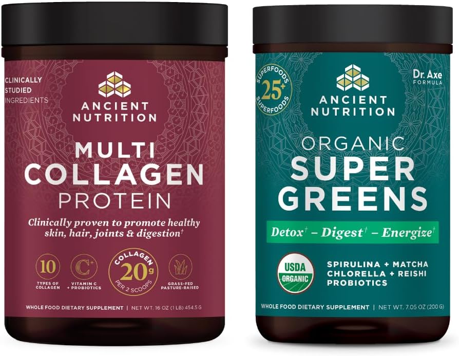 Ancient Nutrition Organic SuperGreens Pulber, 25 Servings + Multi kollageeni valgu pulber, maitsestamata, 45 Servings