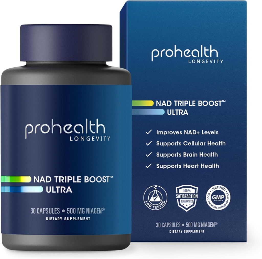 ProHealth NAD Triple Boost Ultra + 500mg Niagen NR. 3X NAD + Optimizer Plus Apigenin, PQQ, Quercetin. Edendab pikaealisust, südame ja aju tervist, aktiveerib Sirtuins rakkude parandamiseks (30 serveerimist)