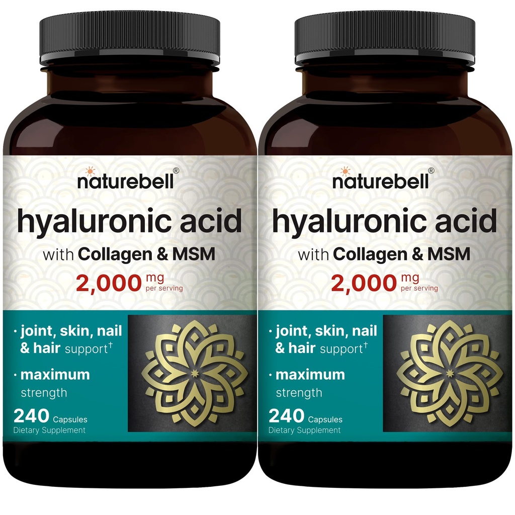 NatureBell 2 Pack Hüaluroonhappe Lisandid 2000 mg | 480 Kokku Kapslid, MSM & Hüdrolüüsitud Veise kollageeniga - 3 in 1 Naha hüdreerimise, liigeste määrimise, juuste ja silmade tervise toetamine