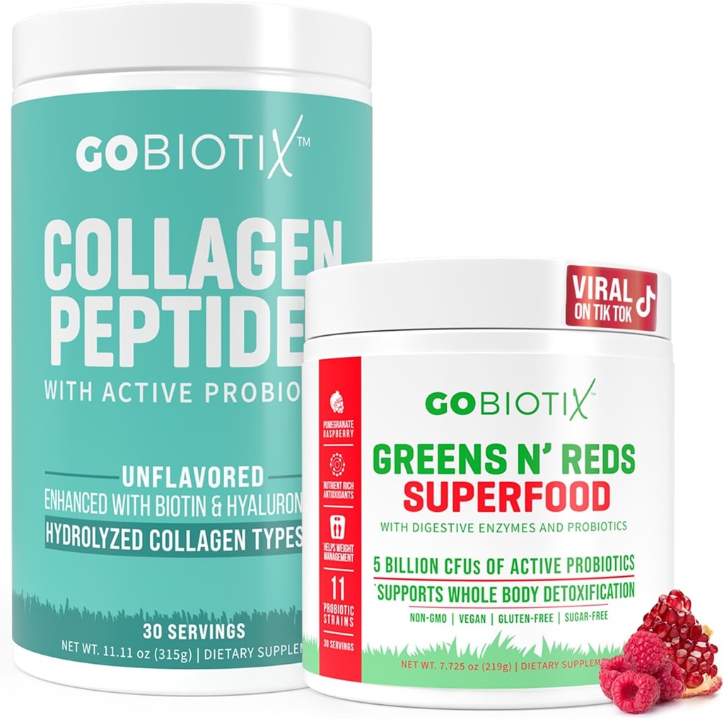 GOBIOTIX Super Greens & Collagen Bundle - Vitality Boost koos orgaanilise Spirulina & Hair-Skin-Nails Support - 30 Servings Iga