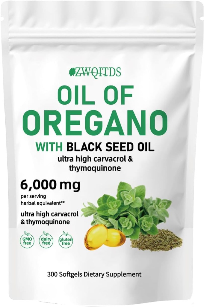 Oregano õli musta seemne õli 2-in-1 Softgels 6000mg 300 Count Non-GMO Immune Support Taimne valem
