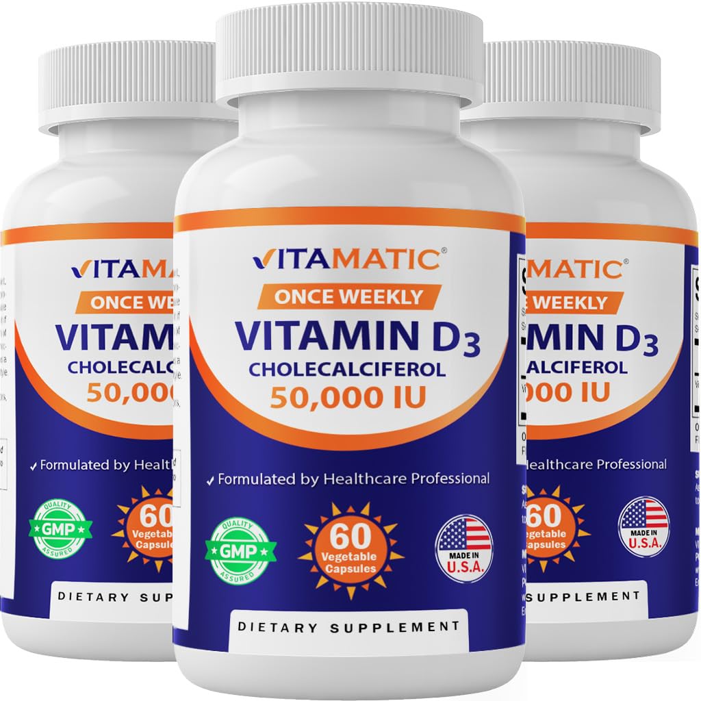 Vitamatic 3 Pack Vitamiin D3 50 000 RÜ (kolekaltsiferoolina), üks kord nädalas annus, 1250 mikrogrammi, 60 köögiviljakapslit 1 aasta pakkumine, progressiivne valem, mis aitab D-vitamiini puudujääke