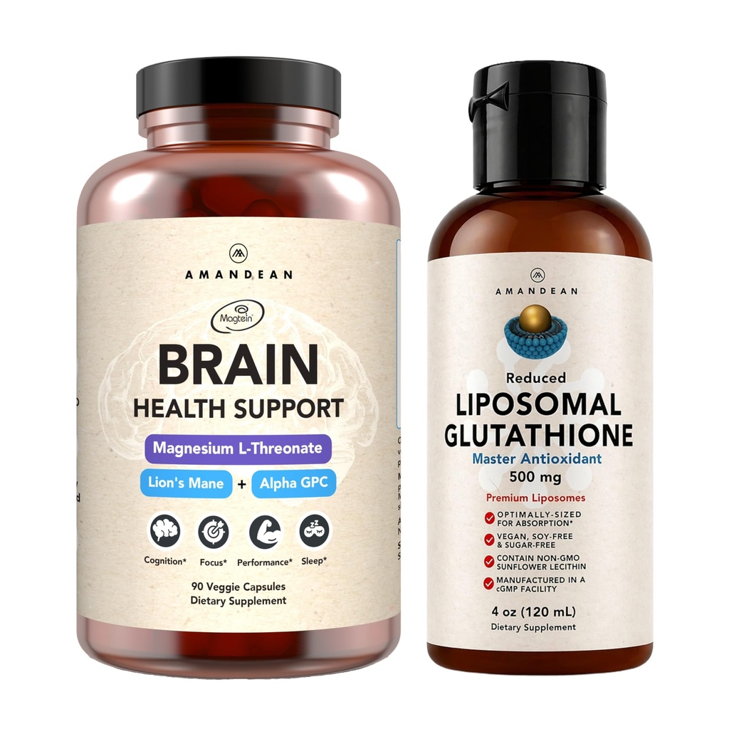 AMANDEAN Premium Brain Health Supplement & Liposomal Glutatiooni Bundle. Kolmekordne valem Magneesium L-Threonaadiga, USA-s kasvatatud orgaanilise lõvi Mane 6: 1 ekstrakt ja Alpha-GPC.