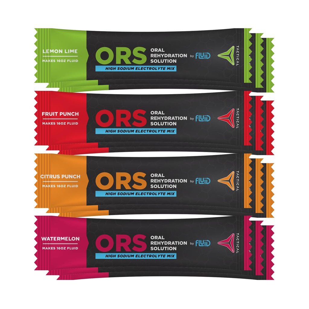 Fluid Tactical - ORS (suu rehüdratsioonilahus), taasta kiiremini, ekstreemne dehüdratsioonelektrolüüdid, 12pack (4 maitse sordipaketti)