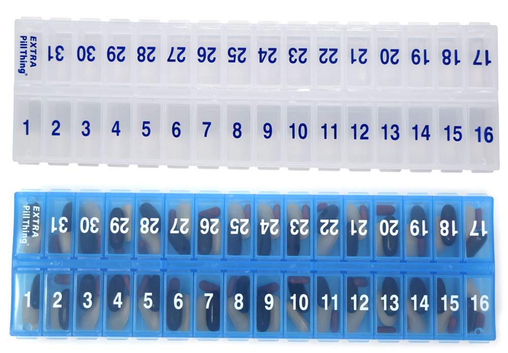 AM PM 31 päev Üks kord päevas Pill Planeerija Korraldajad - suur osa pillide kastid Hoida ravimeid kogu kuu Plus Compartment ekstra pillid (AM / PM Clear & Blue) BPA tasuta