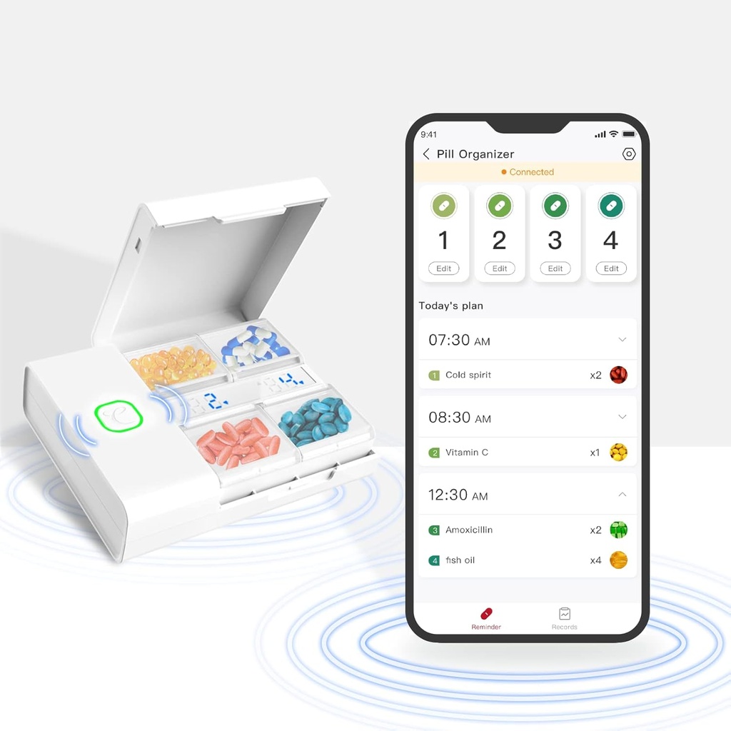 Comfytemp Medicine Box - Nutikas Ravimite Korraldaja Tasuta Rakendusega, Pillide Plaan Pill Box, Häire Meeldetuletus, 4 Suurt Kompartmenti, Laetav Kaasaskantav Reisi Pill Karp Meditsiini / Vitamiinid / Lisandid