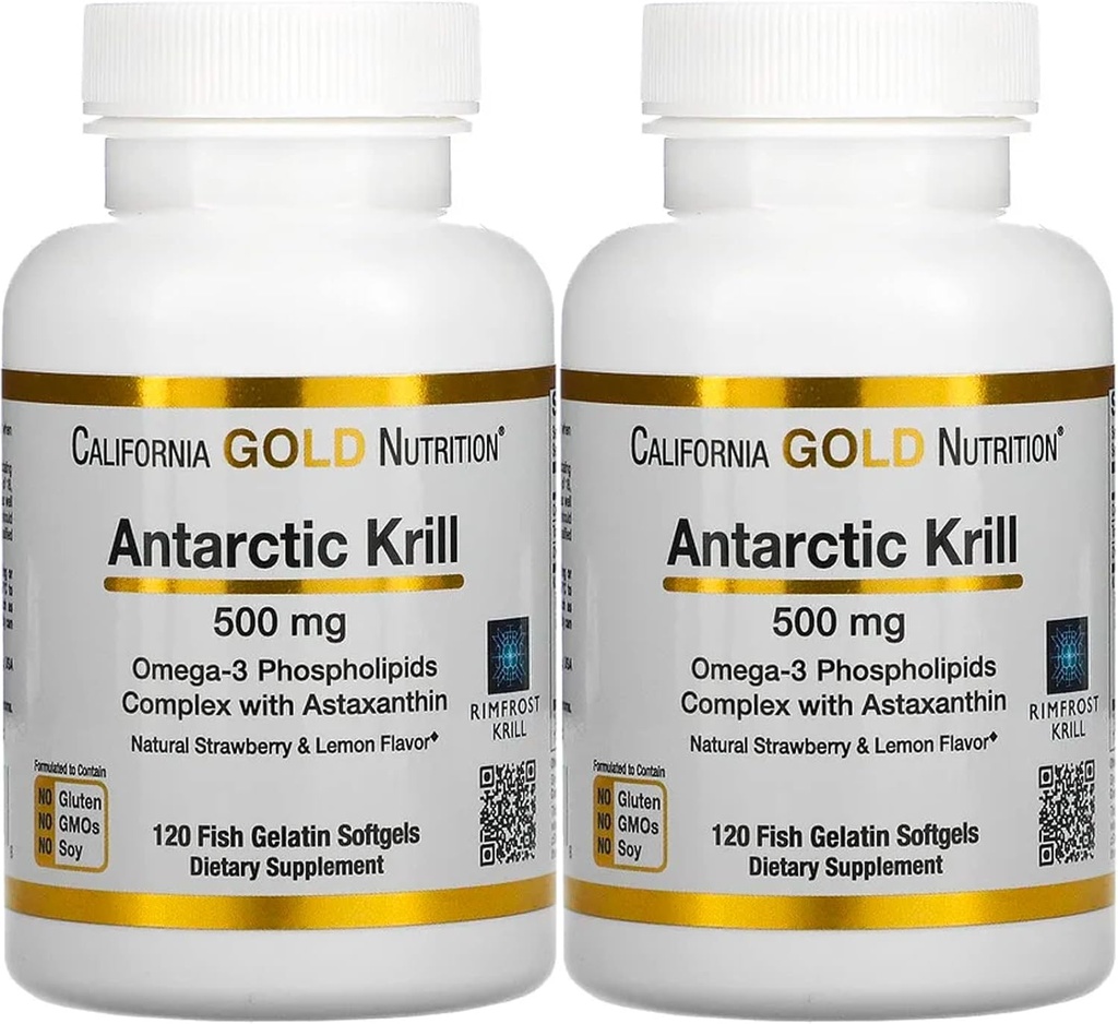 California Gold Nutrition Antarktika krill õli, Ultra-High Omega-3 astaksantiini, Natural Strawberry & Sidrun Maitse, Non GMO, Gluteenivaba, 500 mg, 120 Fish želatiin Softgels, 2 Pack