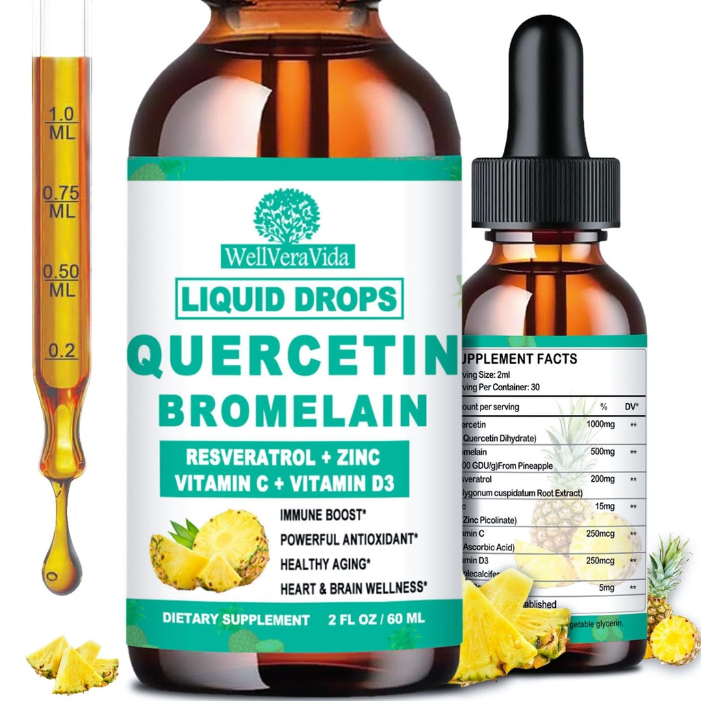 Quercetin koos bromelain Vedel tilgad, 4X tugevam kui kapslid ja pillid, 7-in-1 orgaaniline tsink Quercetin 1000mg Bromelain 500mg C-vitamiin D3 Immuunsüsteemi tugi hingamisteede tervisele ja antioksüdant