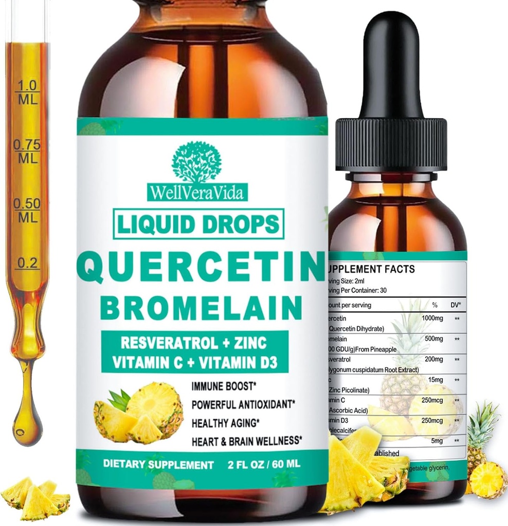 Quercetin koos bromelain Vedel tilgad, 4X tugevam kui kapslid ja pillid, 7-in-1 orgaaniline tsink Quercetin 1000mg Bromelain 500mg C-vitamiin D3 Immuunsüsteemi tugi hingamisteede tervisele ja antioksüdant