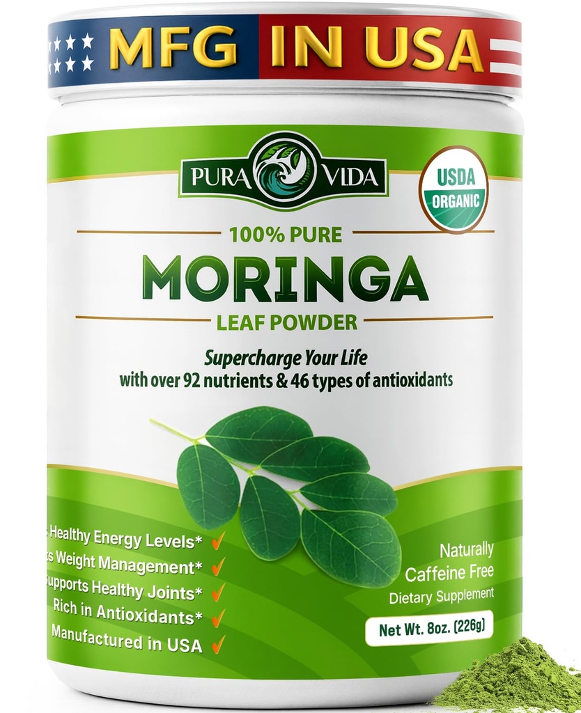 PURA VIDA MORINGA Powder Organic Single Origin - Premium 100% Leaf Powder, USDA Organic Moringa Oleifera, Moringa Leaf Powder - Ideaalne smuutidele ja retseptidele. 8 oz.