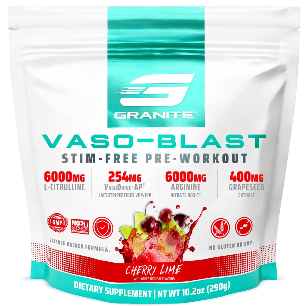 Granite Supplements Vaso Blast, Cherry Lime Maitse, Stimulant-Free Pre Workout meestele ja naistele viinamarjade ekstrakt, Arginiin Nitrit, & VasoDrive-AP Max Pump (20 Servings)