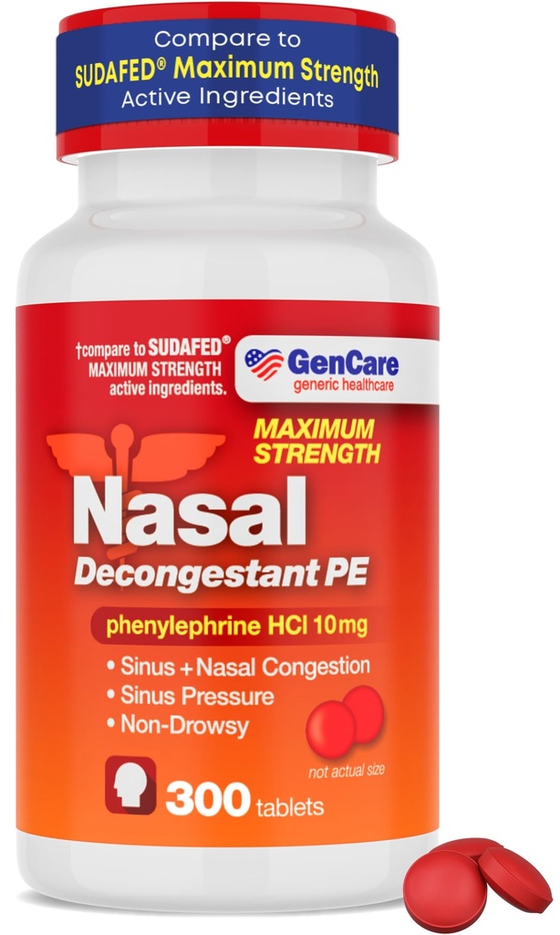 GenCare - nina dekongestant (10 mg tablette) Phenylephrine HCl (300 tabletti pudeli kohta) | Väärtus pakend Mitte unine siinus ja nina ummistuste leevendamine | Allergia või haiguse tõttu madalam siinusrõhk
