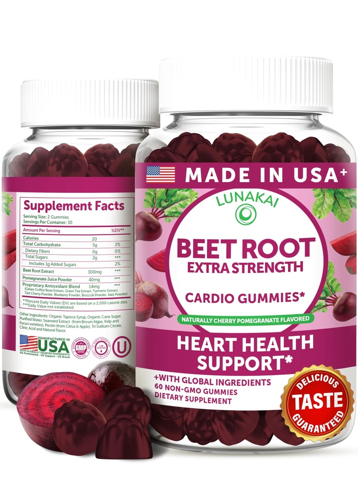 Lunakai USA Made Beet Root Gummies Antioksüdant Blend - Maitsev Mitte-GMO Beet Chews, 60ct