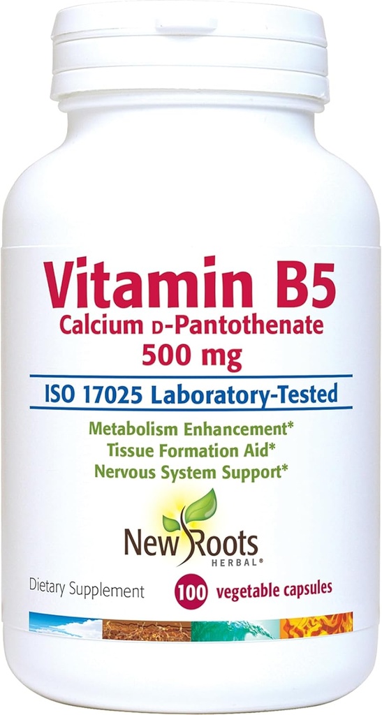 UUED juured HERBAL-vitamiin B5 (500 mg) koos kaltsiumi  Vitamin B5-vitamiini pantoteenhappe lisandiga (100 kapslit)
