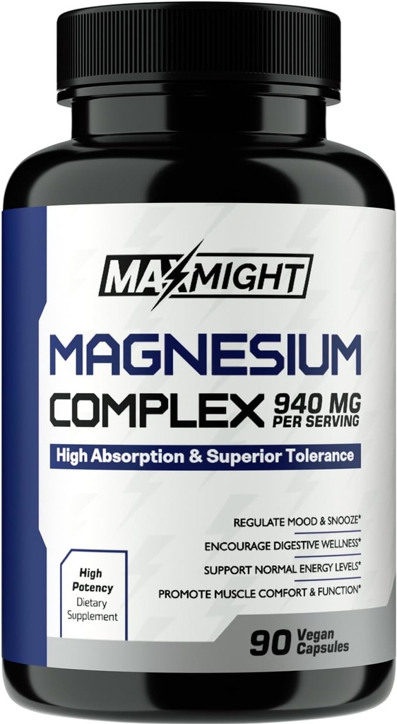Magnesium Complex, 210 mg Elemental Magnesium, Glycinate, Citrate & Malate, Non-GMO, Max Absorption, Muscle, Mood, Energy, 90 Vegan Capsules
