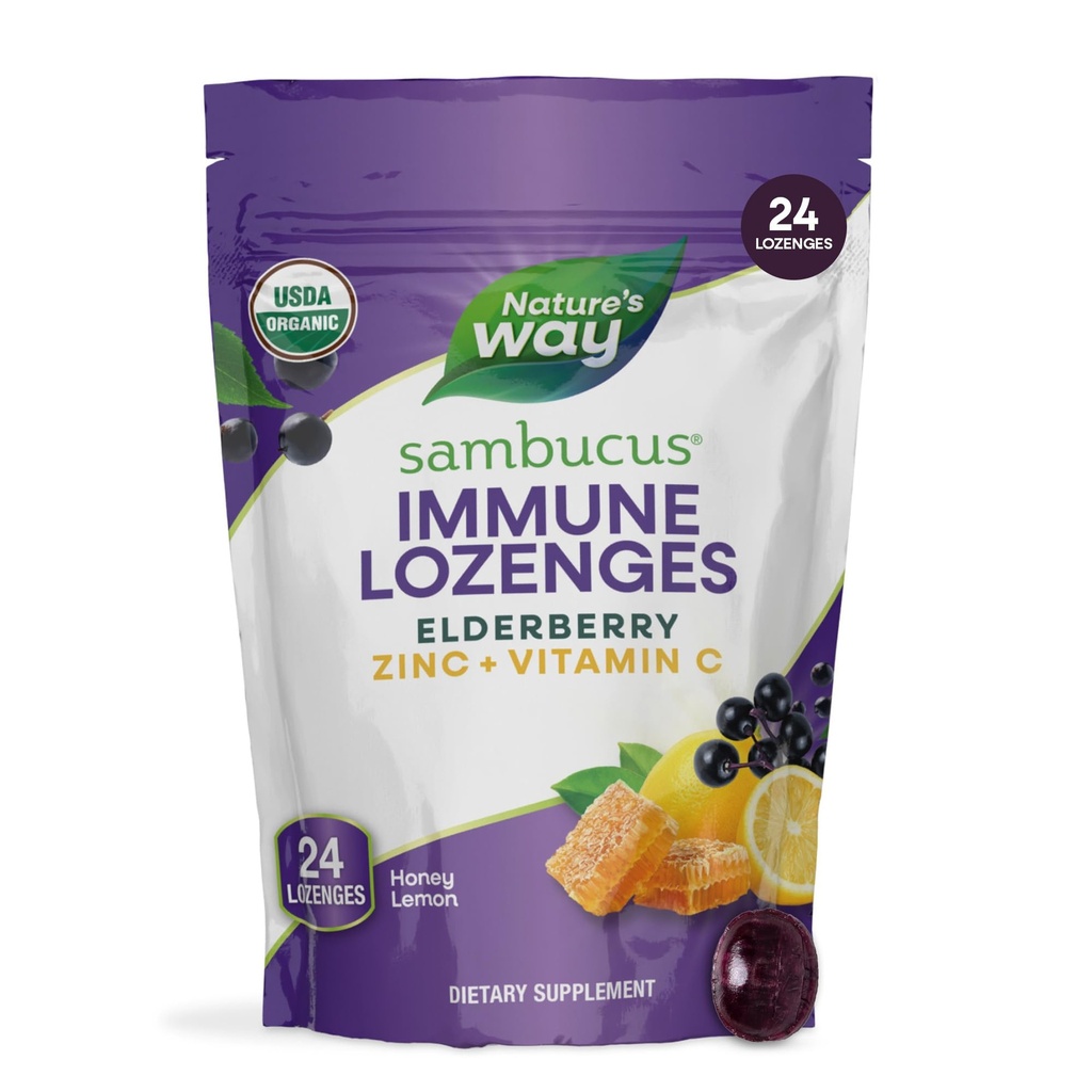 Nature's Way Sambucus Zinc Lozenges Elderberry ja C-vitamiiniga, Honey Sidrun Maitse, 24 Lozenges