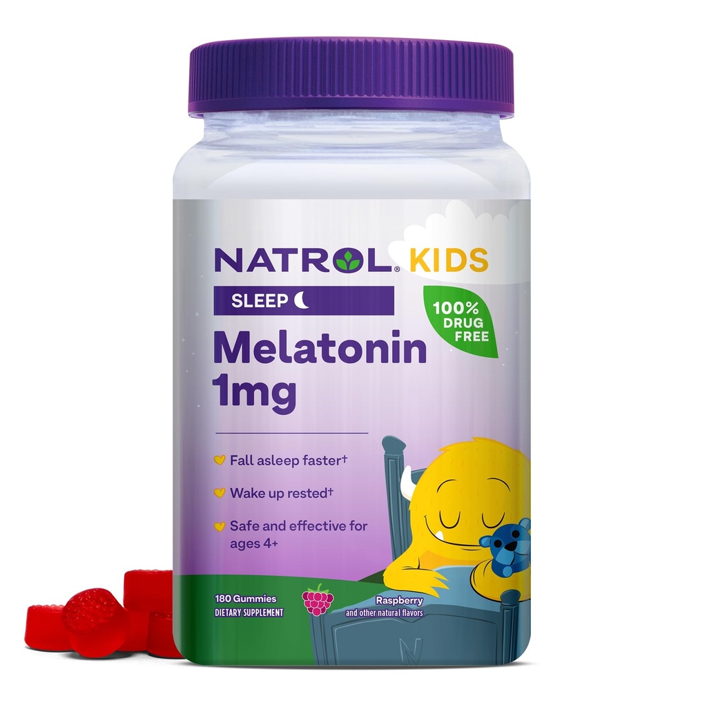 Natrol Kids Melatoniin 1 mg, toidulisand rahutuks uneks, melatoniini kummikud lastele, 180 vaarikamaitselised kummikud, kuni 180 päeva pakkumine