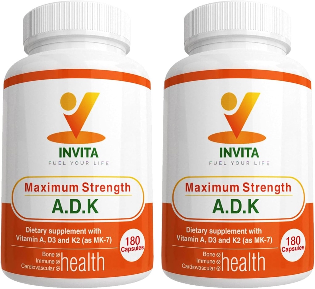 INVITA ADK - Vitamiinid A1, Vitamiin D3 5000 IU & K2 MK7 Täiendus - Arsti poolt formuleeritud luu ja immuunsüsteemi tugi - Gluteenivaba, mitte-GMO - 180 taimekapslit meestele ja naistele