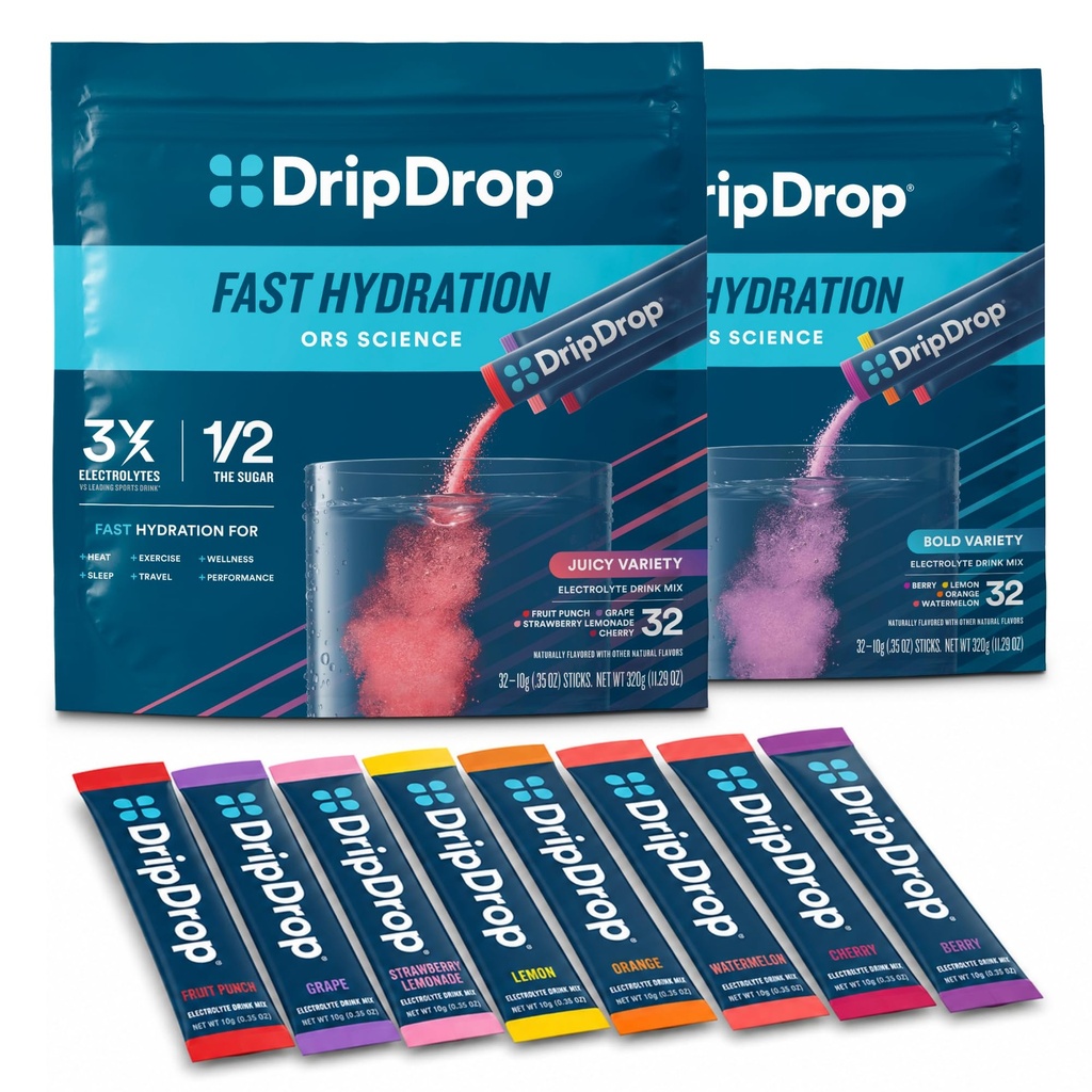DripDrop Hüdratsioon - Elektrolüüt Powder Packs - Arbuus, Berry, Sidrun, Orange, Puuvilja Punch, Viinamarjade, Maasika Lemonaadi, Kirsi - 64 Count
