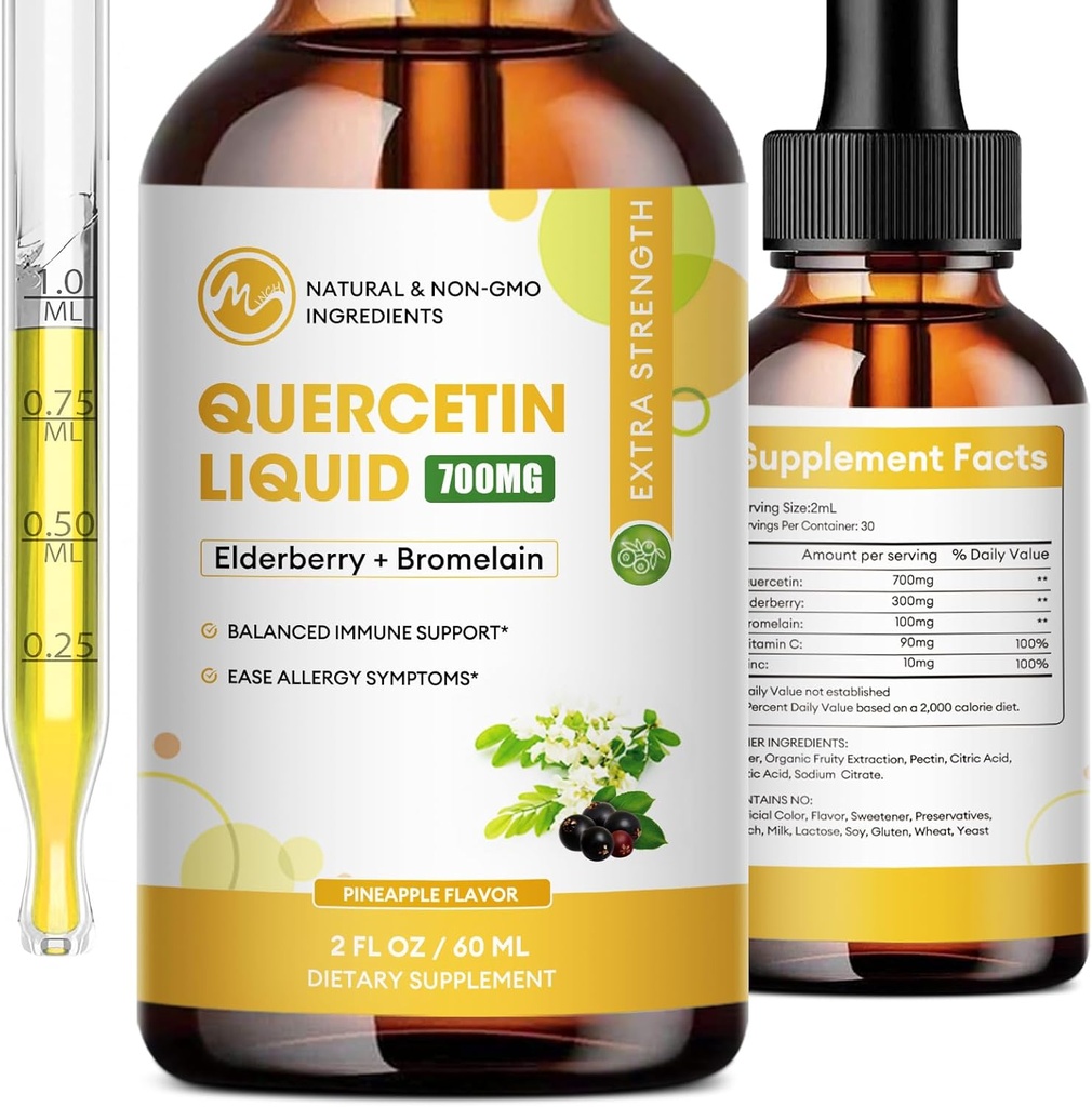 (2 Pack) Quercetin Vedel tilgad - Quercetin Supplements 700mg - 4X Tugevam kui pillid ja kapslid - 5 in 1 Quercetin koos Bromelain Elderberry Vitamiin immuunsuse respiratoorne heaolu - 2 Fl Oz * 2