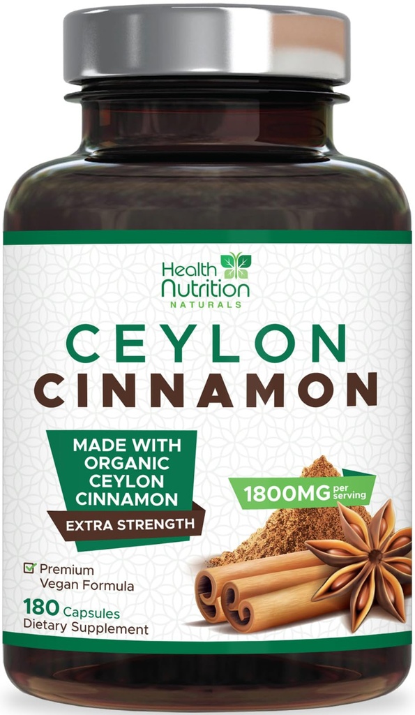 Ceylon Cinnamon Kapslid 1800mg - Sertifitseeritud Orgaaniline Tseiloni Kaneeli Pulber Täiendus, villitud USAs, Extra Tugevus Energia ja Südametoetus Pillid, Non-GMO & Gluteenivaba, Suhkruvaba - 180 kapslit