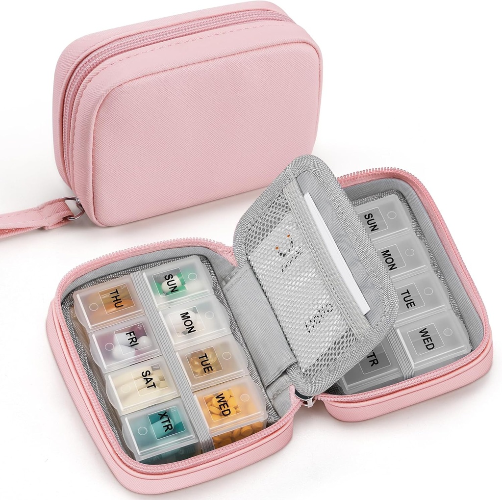 Zannaki Cute Pill Korraldaja rahakott kahe eemaldatav 7-päevane pillide karp, Travel PU nahast pillide juhul, kaasaskantav iganädalane pillide konteiner ladustamise kott hoida vitamiine, kalaõli, toidulisandeid (Pink)