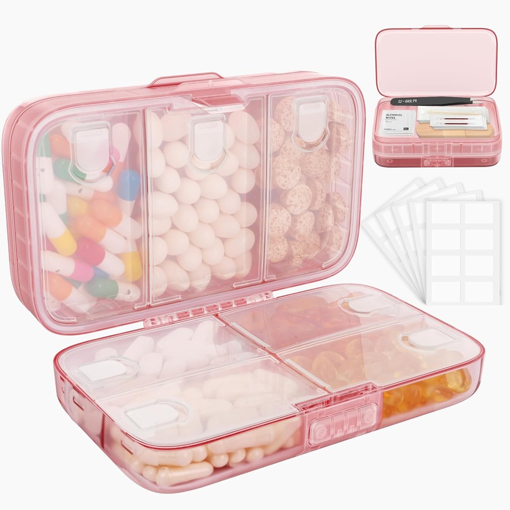 FYY Weekly Pill Korraldaja Sildid, 8 Kompartments Travel Daily Pill Case Airtight Niiskuskindel Suur Pill Box hoida vitamiine, kalaõli, toidulisandeid, Puuvilla Tahvel ja Bandages-Pink