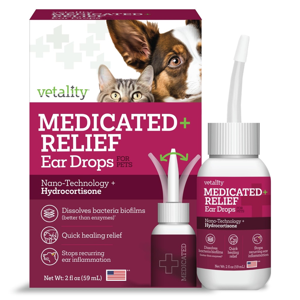 Vetality Medicated Otic Drops for Dog Ear Infection Treatment, 2 fl oz