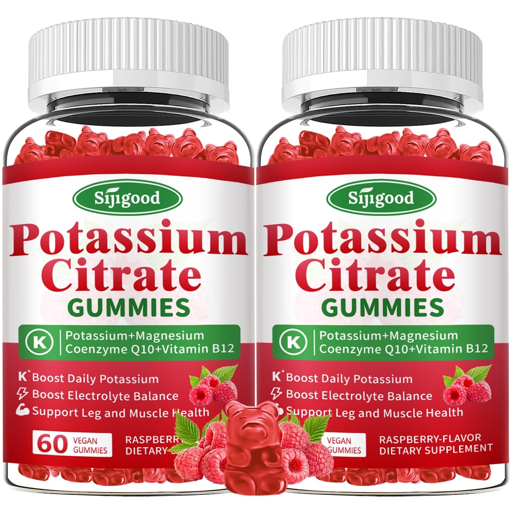 2 Pack Kaaliumtsitraat Gummies - Kaaliumilisa lihaste tervise, jalgade krampide leevendamine ja elektrolüütide tasakaal, Vegan, Non-GMO, Gluteenivaba, Vaarikamaitse, 120 krahv