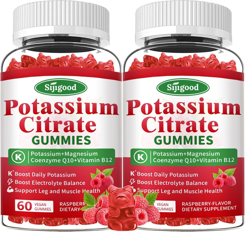 2 Pack Kaaliumtsitraat Gummies - Kaaliumilisa lihaste tervise, jalgade krampide leevendamine ja elektrolüütide tasakaal, Vegan, Non-GMO, Gluteenivaba, Vaarikamaitse, 120 krahv