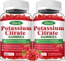 2 Pack Kaaliumtsitraat Gummies - Kaaliumilisa lihaste tervise, jalgade krampide leevendamine ja elektrolüütide tasakaal, Vegan, Non-GMO, Gluteenivaba, Vaarikamaitse, 120 krahv