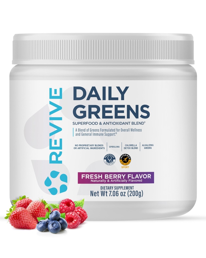 REVIVE MD Daily Green Powder Superfood (Värske Berry) - Supergreens Powder, et toetada energia taset - roheline mahl, mis parandab kiudainete tarbimist - köögiviljad toetavad seedimist ja soolestiku tervist