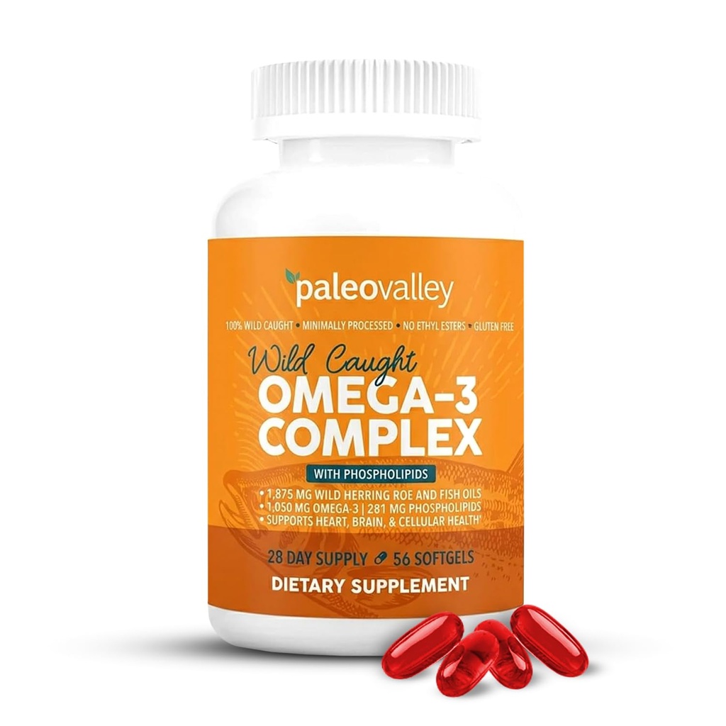 Paleovalley Omega-3 Complex, Wild Caught Fish Oil Softgels, 1,050mg Omega-3s, 750mg DHA, 187mg EPA, Phospholipid Bound Omega-3 Supplement for Brain, Heart and Joint Health, 28 Servings