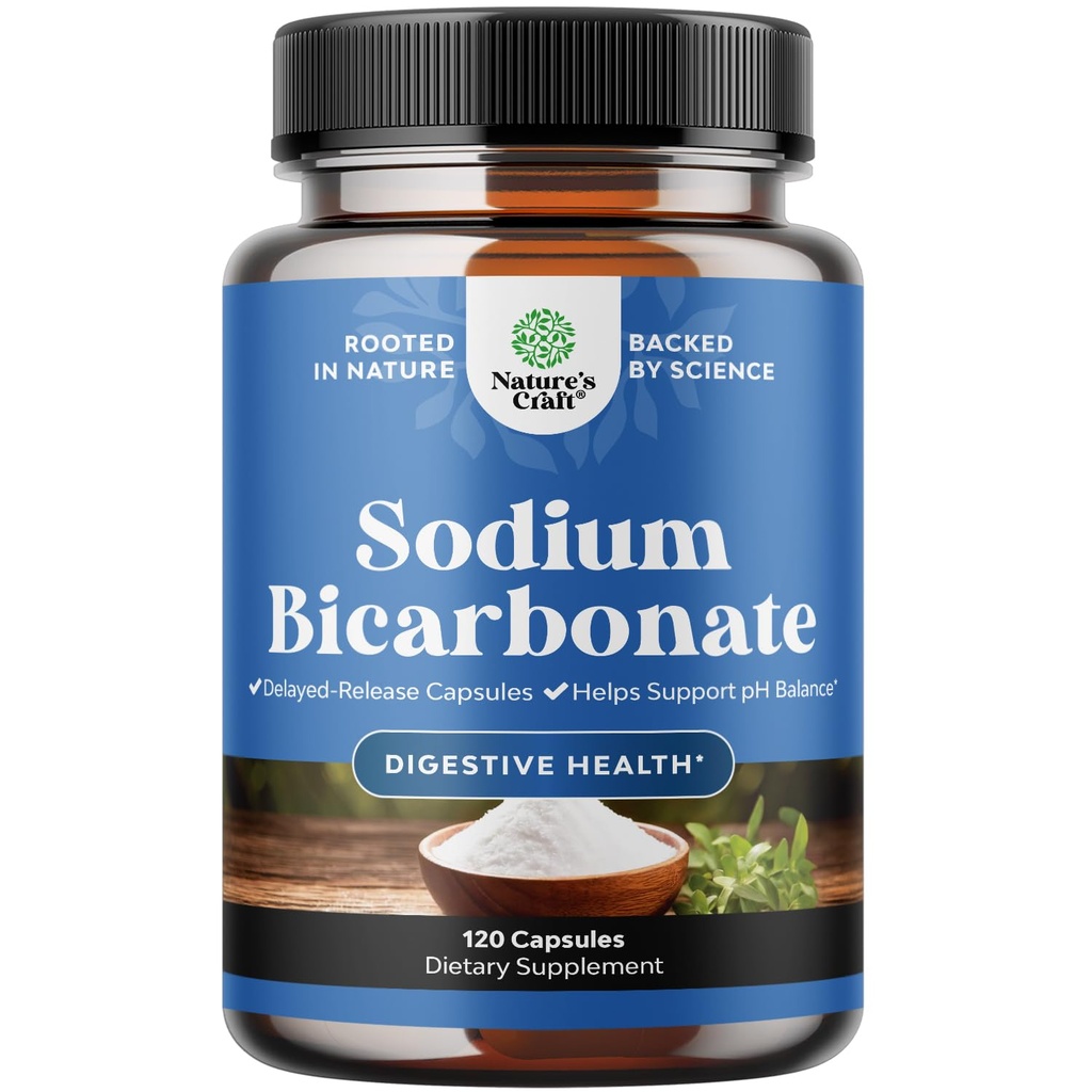 High Purity Sodium Bicarbonate Capsules for Digestive Health Support & pH Balance - Delayed Release Gastric Support for Stomach Discomfort - Bicarbonato De Sodio - Easy to Swallow - 120 Count
