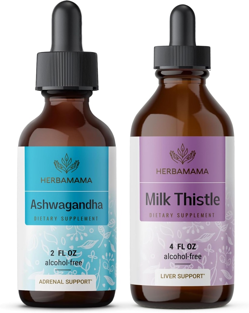 HERBAMAMA taimse vedeliku tilgad Kit - Bundle of Ashwagandha Juur Tinktuur 2 fl oz & Piimaohakas Ekstrakt 4 fl oz - Vegan, Non-GMO, Sugar & Alcohol-free - 2 Pack