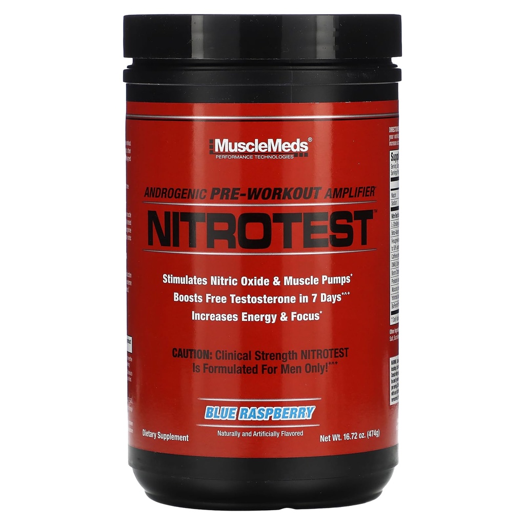 MuscleMeds Nitrotest Pre-Workout Supplement Drink, Boost Lämmastikoksiidi, Testosteroon, Blue Vaarika, 30 Serving, 1.04 Nael, 1 Count