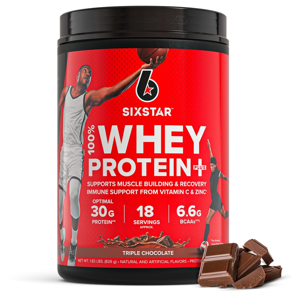 Six Star Whey Protein Powder Plus - lihaste hoone ja taastamise valem vadaku isolaatpulber, BCAAs, 30g valk, immuuntoetus - post-workout täiendus - kolmekordne šokolaad, 1,8 naela