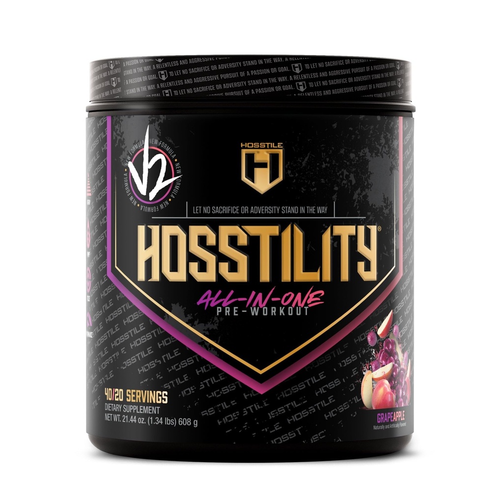 HOSSTILE Vaenulikkus V2 Pre Treening, All-in-One Pre Treening Pulber Meestele ja Naistele, Suurendage Lihaspumpa, Suurendage Energiat, Suurendage Tugevust, Terav Keskendumine, Viinamarjaõun, 40 Servingut