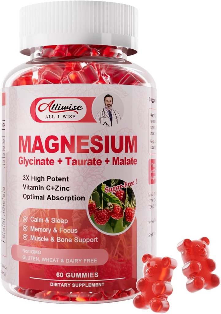 Magnesium Glycinate Gummies,Magnesium Potassium Supplement with Taurate, Malate, Vitamins D, C, B6, Calcium,Body Support,Raspberry Magnesium Gummies for Adults&Kids