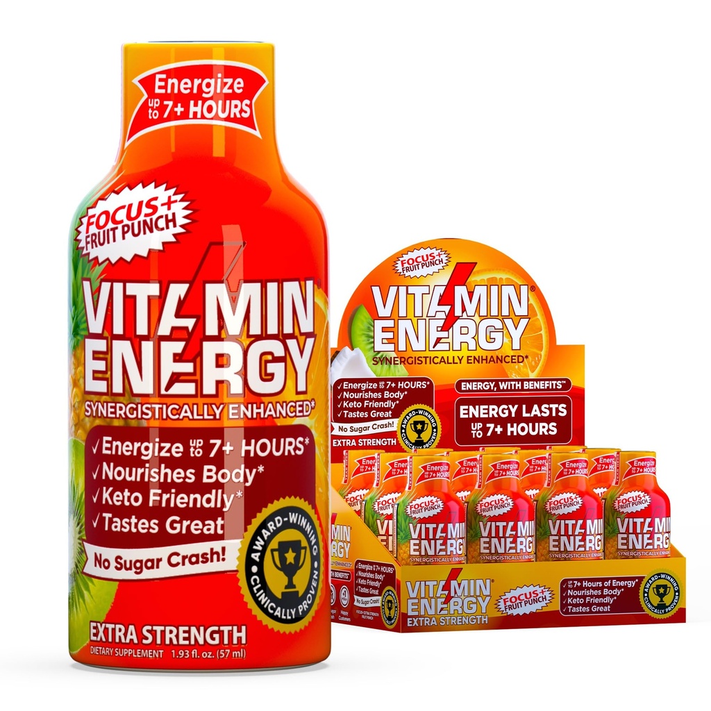 Vitamiinienergia fookus + ekstra tugevus Energia Shot Fruit Punch 12 Pack, 260mg looduslik kofeiin, B-vitamiinid, CoQ10, aminohapped, fookus, tootlikkus ja selgus, nullsuhkur, gluteenivaba, 1,93 fl oz