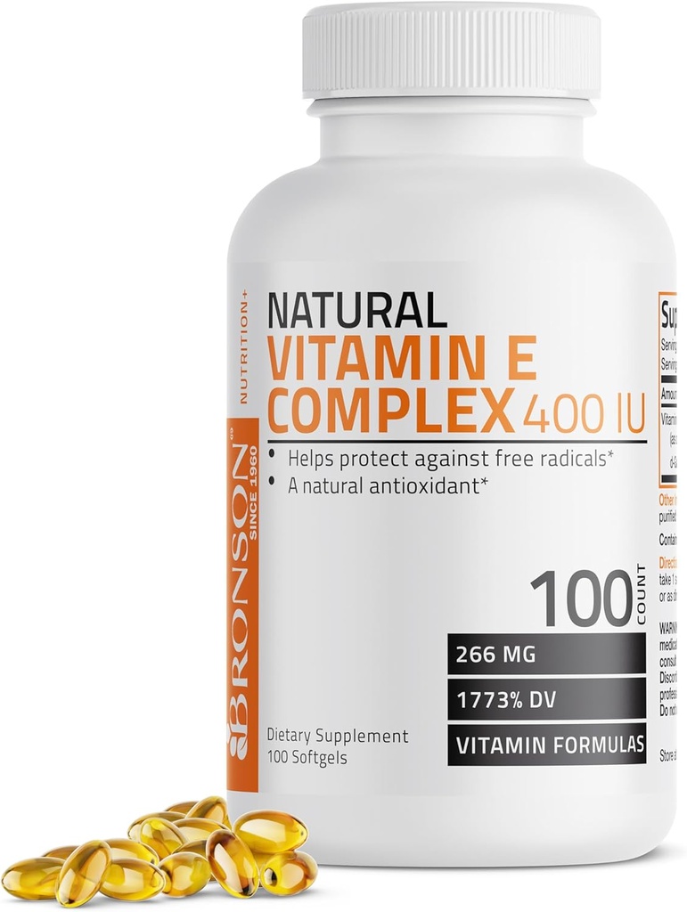 Bronsoni looduslik E-vitamiini kompleks 400 IU toidulisand (d-Alpha tokoferool Plus d-Beta, d-Gamma, & d-Delta tokoferoolid), looduslik antioksüdant, 100 Softgels