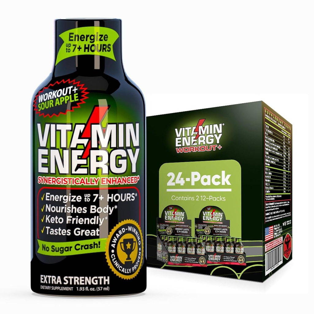 Vitamiini energia treening + ekstra tugevus energia Shot Hapu Apple 24 Pack, 260mg looduslik kofeiin, Pre-Workout, B-vitamiinid, mineraalid, vastupidavus ja jõudlus, null suhkur, gluteenivaba, Vegan, 1.93 fl oz
