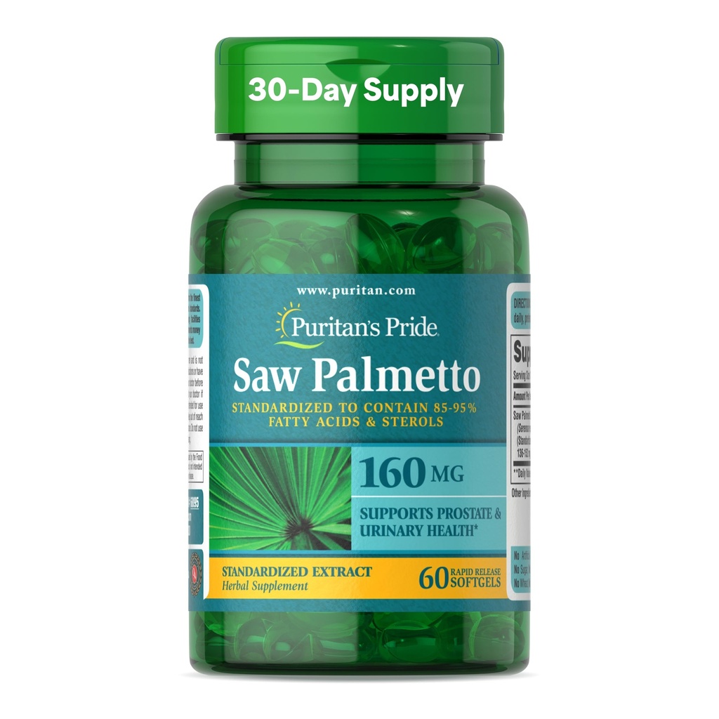 Puritan's Pride Saw Palmetto ekstrakt 160mg, traditsiooniline taimsete toidulisand meeste eesnäärme ja kuseteede tervise toetamiseks, 60 kiirvabastuskapslit
