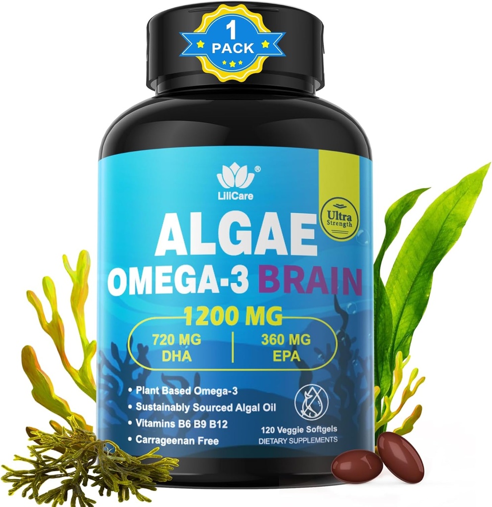 Omega 3 kalaõli softgels DHA 720mg EPA 360mg, Vegan vetikate Science 2: 1 suhe aju silma, taimepõhine jätkusuutlikult hangitud oomega 3 toidulisand, Fish Oil Alternatiiv 1200mg, No Fish Maste, 120Cts