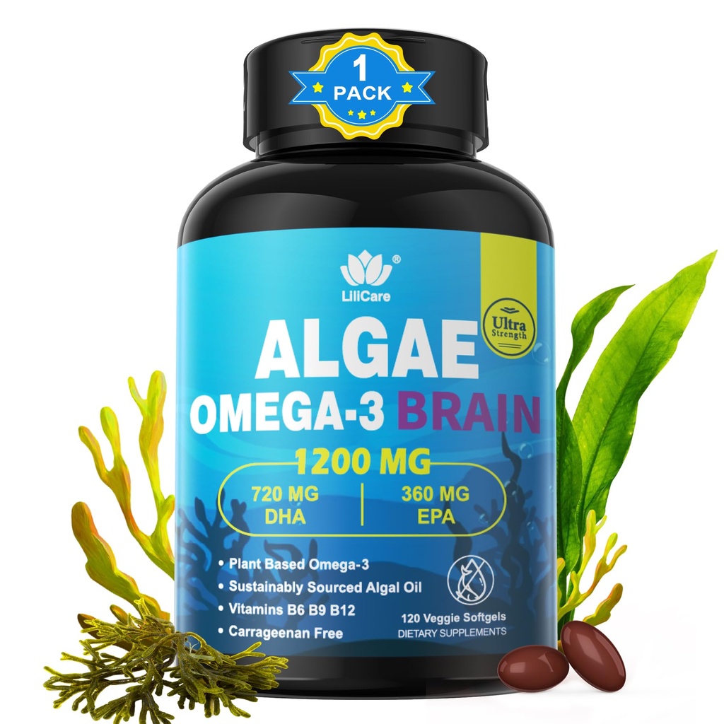Omega 3 kalaõli softgels DHA 720mg EPA 360mg, Vegan vetikate Science 2: 1 suhe aju silma, taimepõhine jätkusuutlikult hangitud oomega 3 toidulisand, Fish Oil Alternatiiv 1200mg, No Fish Maste, 120Cts